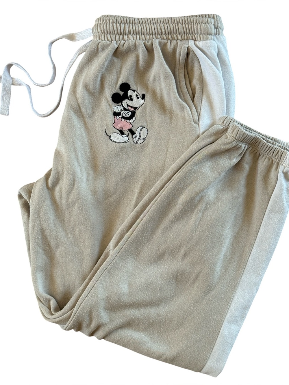DISNEY MICKEY MOUSE WOMENS TAN WHITE ATHLETIC TRACKSUIT PANTS SIZE LARGE USED